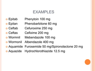 EXAMPLES
 Epitab Phenytoin 100 mg
 Epitan Phenobarbitone 60 mg
 Ceftab Cefuroxime 250 mg
 Ceftas Cefixime 200 mg
 Wormnil Mebendazole 100 mg
 Wormonil Albendazole 400 mg
 Aquamide Furosemide 50 mg/Spironolactone 20 mg
 Aquazide Hydrochlorothiazide 12.5 mg
 