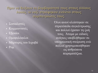    ΢νζηαιηζηέο           Όινη απηνί θιείζηεθαλ ζε
                          ζηξαηόπεδα ζπγθέληξσζεο
   Κνκκνπληζηέο           θαη πνιινί έραζαλ ηε δσή
   Εβξαίνη                 ηνπο. Άηνκα κε εηδηθέο
   Οκνθπιόθηινη           αλάγθεο ππνβιήζεθαλ ζε
   Μάξηπξεο ηνπ Ιερσβά   ππνρξεσηηθή ζηείξσζε ελώ
   Ρνκ                    πνιινί ρξεζηκνπνηήζεθαλ
                                 σο αλζξώπηλα
                                πεηξακαηόδσα.




                                                      15
 