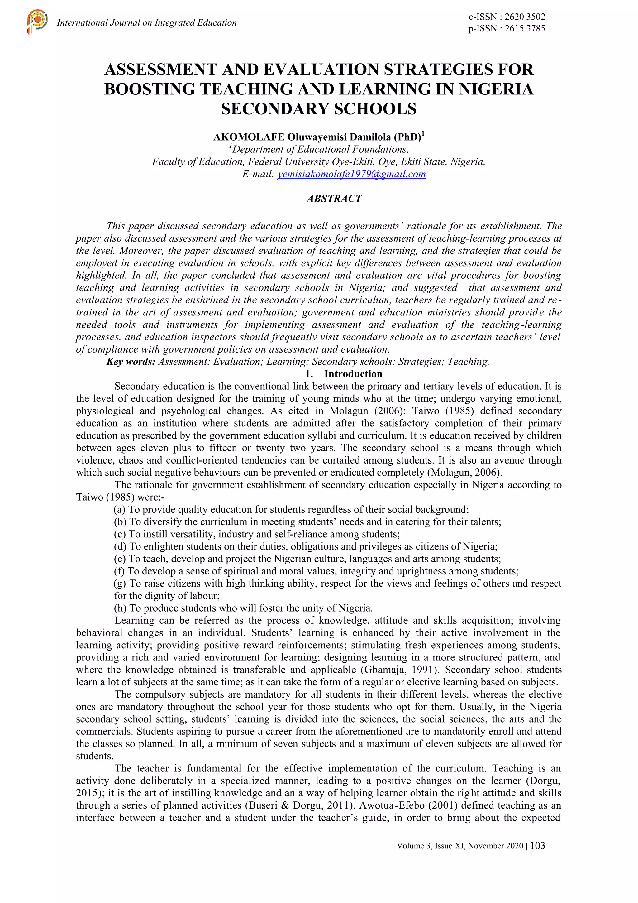 ASSESSMENT AND EVALUATION STRATEGIES FOR BOOSTING TEACHING AND LEARNING ...