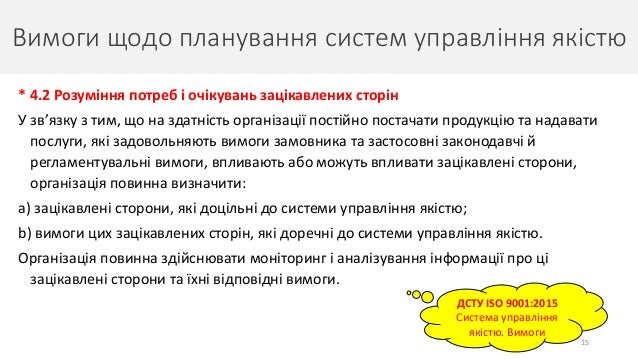 Вимоги щодо планування систем управління якістю
15
ДСТУ ISO 9001:2015
Система управління
якістю. Вимоги
* 4.2 Розуміння потреб і очікувань зацікавлених сторін
У зв’язку з тим, що на здатність організації постійно постачати продукцію та надавати
послуги, які задовольняють вимоги замовника та застосовні законодавчі й
регламентувальні вимоги, впливають або можуть впливати зацікавлені сторони,
організація повинна визначити:
a) зацікавлені сторони, які доцільні до системи управління якістю;
b) вимоги цих зацікавлених сторін, які доречні до системи управління якістю.
Організація повинна здійснювати моніторинг і аналізування інформації про ці
зацікавлені сторони та їхні відповідні вимоги.
 