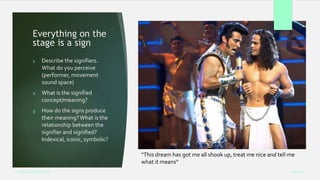 Everything on the
stage is a sign
1. Describe the signifiers.
What do you perceive
(performer, movement
sound space)
2. What is the signified
concept/meaning?
3. How do the signs produce
their meaning?What is the
relationship between the
signifier and signified?
Indexical, iconic, symbolic?
Week 5
Analysing Performance
“This dream has got me all shook up, treat me nice and tell me
what it means”
 