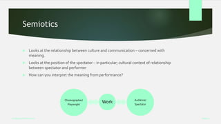 Semiotics
 Looks at the relationship between culture and communication – concerned with
meaning.
 Looks at the position of the spectator – in particular; cultural context of relationship
between spectator and performer
 How can you interpret the meaning from performance?
Week 5
Analysing Performance
Work
Choreographer/
Playwright
Audience/
Spectator
 