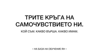 ТРИТЕ КРЪГА НА
САМОЧУВСТВИЕТО НИ.
КОЙ СЪМ. КАКВО ВЪРША. КАКВО ИМАМ.
~ НА БАЗА НА ОБУЧЕНИЕ ЯН ~
 
