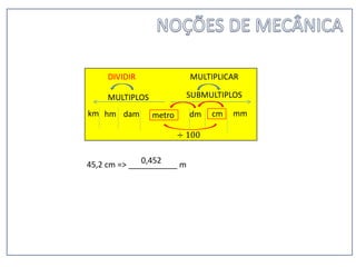 km hm dam metro dm cm mm
MULTIPLOS SUBMULTIPLOS
DIVIDIR
45,2 cm => ___________ m
MULTIPLICAR
÷ 100
0,452
 