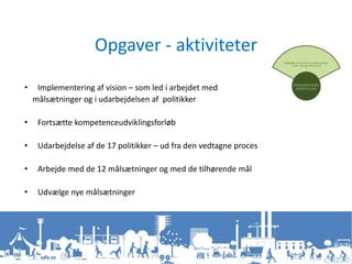 Opgaver - aktiviteter
• Implementering af vision – som led i arbejdet med
målsætninger og i udarbejdelsen af politikker
• Fortsætte kompetenceudviklingsforløb
• Udarbejdelse af de 17 politikker – ud fra den vedtagne proces
• Arbejde med de 12 målsætninger og med de tilhørende mål
• Udvælge nye målsætninger
 
