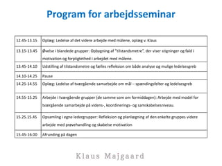 Program for arbejdsseminar
12.45-13.15 Oplæg: Ledelse af det videre arbejde med målene, oplæg v. Klaus
13.15-13.45 Øvelse i blandede grupper: Opbygning af ”tilstandsmetre”, der viser stigninger og fald i
motivation og forpligtethed i arbejdet med målene.
13.45-14.10 Udstilling af tilstandsmetre og fælles refleksion om både analyse og mulige ledelsesgreb
14.10-14.25 Pause
14.25-14.55 Oplæg: Ledelse af tværgående samarbejde om mål – spændingsfelter og ledelsesgreb
14.55-15.25 Arbejde i tværgående grupper (de samme som om formiddagen): Arbejde med model for
tværgående samarbejde på videns-, koordinerings- og samskabelsesniveau.
15.25.15.45 Opsamling i egne ledergrupper: Refleksion og planlægning af den enkelte gruppes videre
arbejde med prøvehandling og skabelse motivation
15.45-16.00 Afrunding på dagen
 