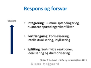 Respons og forsvar
• Integrering: Rumme spændinger og
nuancere spændinger/konflikter
• Fortrængning: Formalisering,
intellektualisering, idyllisering
• Splitting: Sort-hvide reaktioner,
idealisering og dæmonisering
Udvikling
(Alsted & Haslund: Ledelse og medarbejdere, 2013)
 