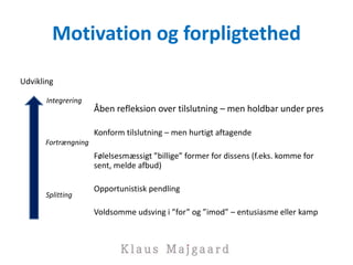 Motivation og forpligtethed
Åben refleksion over tilslutning – men holdbar under pres
Konform tilslutning – men hurtigt aftagende
Følelsesmæssigt ”billige” former for dissens (f.eks. komme for
sent, melde afbud)
Opportunistisk pendling
Voldsomme udsving i ”for” og ”imod” – entusiasme eller kamp
Udvikling
Splitting
Fortrængning
Integrering
 