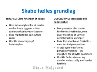 Skabe fælles grundlag
TRYGHED: Lære hinanden at kende
● Give folk mulighed for at mødes
om konkrete opgaver – hvor
samarbejdsbehovet er åbenlyst
● Skab mødesteder og neutrale
zoner
● Udvikle samarbejde på
ledelsesplan
UDFORDRING: Mobilisere nye
fællesskaber
● Dan projekter eller andre
konkrete samarbejder, som
giver mulighed at udvikle
egentlig fælles løsninger
● Prøv ikke at ophæve forskelle –
men forbind perspektiver
● Arbejd systematisk med
perspektivveksling – giv
mulighed for at bytte positioner
● Udvikle fælles visioner og
værdier – der stadig anerkender
forskelle
 