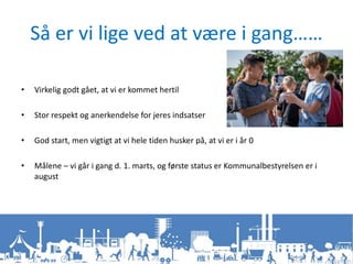 Så er vi lige ved at være i gang……
• Virkelig godt gået, at vi er kommet hertil
• Stor respekt og anerkendelse for jeres indsatser
• God start, men vigtigt at vi hele tiden husker på, at vi er i år 0
• Målene – vi går i gang d. 1. marts, og første status er Kommunalbestyrelsen er i
august
 