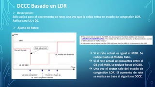  Descripción:
Sólo aplica para el decremento de rates una vez que la celda entra en estado de congestion LDR.
Aplica para UL y DL.
DCCC Basado en LDR
 Si el rate actual es igual al MBR. Se
redice hasta el Middle Rate.
 Si el rate actual se encuantra entre el
GB y el MBR, se reduce hasta el GBR.
 Una vez el sector sale del estado de
congestion LDR. El aumento de rate
se realiza en base al algoritmo DCCC.
 Ajuste de Rates:
 