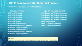  Parámetros Asociados al Link Stability Control
• SET UQUALITYMEAS
BE Trigger Time 6A1
BE Trigger Time 6B1
BE Trigger Time 6A2
BE Trigger Time 6B2
BE Trigger Time 6D
BE Trigger Time of Event E
BE Reporting Period Unit for Event E
BE Event E Reporting Period
BE Trigger Time of Event F
BE Reporting Period Unit for Event F
BE Event E Reporting Period
• MOD UTYPRABQUALITYMEAS
Uplink Event 6A1 Relative Threshold
Uplink Event 6A2 Relative Threshold
Uplink Event 6B1 Relative Threshold
Uplink Event 6B2 Relative Threshold
Event 5A Threshold
Event Ea Relative Threshold
Event Eb Relative Threshold
DCCC Basado en Estabilidad del Enlace
 