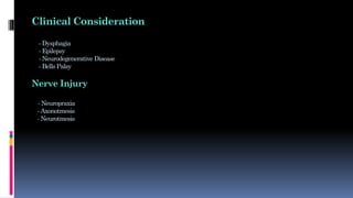 Clinical Consideration
- Dysphagia
- Epilepsy
- Neurodegenerative Disease
- Bells Palsy
Nerve Injury
- Neuropraxia
- Axonotmesis
- Neurotmesis
 