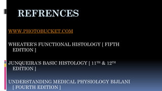 REFRENCES
WWW.PHOTOBUCKET.COM
WHEATER’S FUNCTIONAL HISTOLOGY [ FIFTH
EDITION ]
JUNQUEIRA’S BASIC HISTOLOGY [ 11TH
& 12TH
EDITION ]
UNDERSTANDING MEDICAL PHYSIOLOGY BIJLANI
[ FOURTH EDITION ]
 