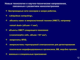 Новые технологии и научно-технические направления,  связанные с развитием наноэлектроники Беспроводные сети сенсоров и микро роботов,  « ubiquitous computing »,  объекты нано- и микросистемной техники (НМСТ), например  « smart dust » (объем ~1 мм 3 ),  объекты НМСТ следующего поколения  (« nanomorphic cell », объем ~10 -6  мм 3 ),  микрочипы  RFID ,  микросистемы терагерцовой спектроскопии для детектирования  генетически модифицированных организмов, ВВ, мед-био прилож. военные и специальные приложения 12 