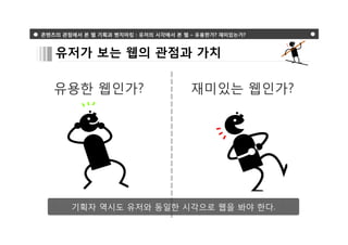 콘텐츠의 관점에서 본 웹 기획과 벤치마킹 : 유저의 시각에서 본 웹 – 유용한가? 재미있는가?



   유저가 보는 웹의 관점과 가치

   유용한 웹인가?                           재미있는 웹인가?




       기획자 역시도 유저와 동일한 시각으로 웹을 봐야 한다.
 