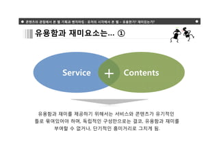 콘텐츠의 관점에서 본 웹 기획과 벤치마킹 : 유저의 시각에서 본 웹 – 유용한가? 재미있는가?



   유용함과 재미요소는… ①




              Service          +       Contents



    유용함과 재미를 제공하기 위해서는 서비스와 콘텐츠가 유기적인
   틀로 묶여있어야 하며, 독립적인 구성만으로는 결코, 유용함과 재미를
           부여할 수 없거나, 단기적인 흥미거리로 그치게 됨.
 