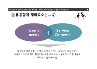 콘텐츠의 관점에서 본 웹 기획과 벤치마킹 : 유저의 시각에서 본 웹 – 유용한가? 재미있는가?



   유용함과 재미요소는… ②



               User's
               needs           +        Service
                                       Contents



     유용함과 재미요소는 기획자의 의지가 아닌 사용자의 필요성이나
  사용자의 의지에 따라 확산되며, 이를 위해서는 사용자의 니즈를 충분히
                       파악하고 분석해야 함.
 
