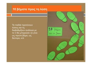 10 βήματα προς τη λύση
Τα παιδιά προτείνουν
λύσεις και τις
διαβαθμίζουν ανάλογα με
το τι θα μπορούσε να γίνει
ως πρώτο βήμα, ως
δεύτερο, κτλ
 
