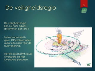 De veiligheidsregio
5
De veiligheidsregio
kan nu haar advies
afstemmen per schil !
Zelfredzaamheid is
geen GR-problematiek,
maar een zaak voor de
hulpverlening.
Het PR beschermt zowel
kwetsbare als niet-
kwetsbare personen.
 