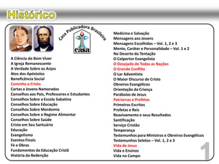 HistóricoCasa Publicadora BrasileiraMedicina e SalvaçãoMensagens aos JovensMensagens Escolhidas – Vol. 1, 2 e 3Mente, Caráter e Personalidade – Vol. 1 e 2No Deserto da TentaçãoO Colportor EvangelistaO Desejado de Todas as NaçõesO Grande ConflitoO Lar Adventista O Maior Discurso de Cristo Obreiros Evangélicos Orientação da Criança Parábolas de Jesus Patriarcas e Profetas Primeiros EscritosProfetas e Reis Reavivamento e seus Resultados Santificação Serviço Cristão Temperança Testemunhos para Ministros e Obreiros Evangélicos Testemunhos Seletos – Vol. 1, 2 e 3Vida de Jesus Vida e EnsinosVida no CampoA Ciência do Bom Viver A Igreja RemanescenteA Verdade Sobre os Anjos Atos dos Apóstolos Beneficência Social Caminho a CristoCartas a Jovens NamoradosConselhos aos Pais, Professores e Estudantes Conselhos Sobre a Escola SabatinaConselhos Sobre EducaçãoConselhos Sobre MordomiaConselhos Sobre o Regime AlimentarConselhos Sobre SaúdeCristo em Seu SantuárioEducaçãoEvangelismo Eventos FinaisFé e ObrasFundamentos da Educação Cristã História da Redenção1