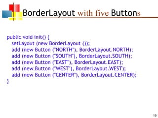 19
BorderLayout with five Buttons
public void init() {
setLayout (new BorderLayout ());
add (new Button ("NORTH"), BorderLayout.NORTH);
add (new Button ("SOUTH"), BorderLayout.SOUTH);
add (new Button ("EAST"), BorderLayout.EAST);
add (new Button ("WEST"), BorderLayout.WEST);
add (new Button ("CENTER"), BorderLayout.CENTER);
}
 