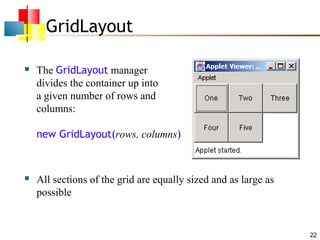 22
GridLayout
 The GridLayout manager
divides the container up into
a given number of rows and
columns:
new GridLayout(rows, columns)
 All sections of the grid are equally sized and as large as
possible
 