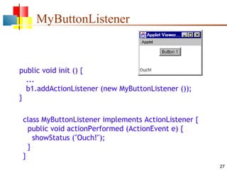 27
MyButtonListener
public void init () {
...
b1.addActionListener (new MyButtonListener ());
}
class MyButtonListener implements ActionListener {
public void actionPerformed (ActionEvent e) {
showStatus ("Ouch!");
}
}
 