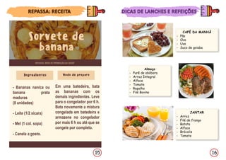 16
15
CAFÉ DA MANHÃ
- Pão
- Ovo
- Uva
- Suco de goiaba
Almoço
- Purê de abóbora
- Arroz Integral
- Alface
- Tomate
- Repolho
- Filé Bovino
JANTAR
- Arroz
- Filé de frango
- Batata
- Alface
- Brócolis
- Tomate
Não seria “Sorvete” de banana em vez de “Sorvet”
de banana?
- Bananas nanica ou
banana prata
maduras
(8 unidades)
- Leite (1/2 xícara)
- Mel (1 col. sopa)
- Canela a gosto.
Em uma batedeira, bata
as bananas com os
demais ingredientes. Leve
para o congelador por 6 h.
Bata novamente a mistura
congelada em batedeira e
armazene no congelador
por mais 6 h ou até que se
congele por completo.
 