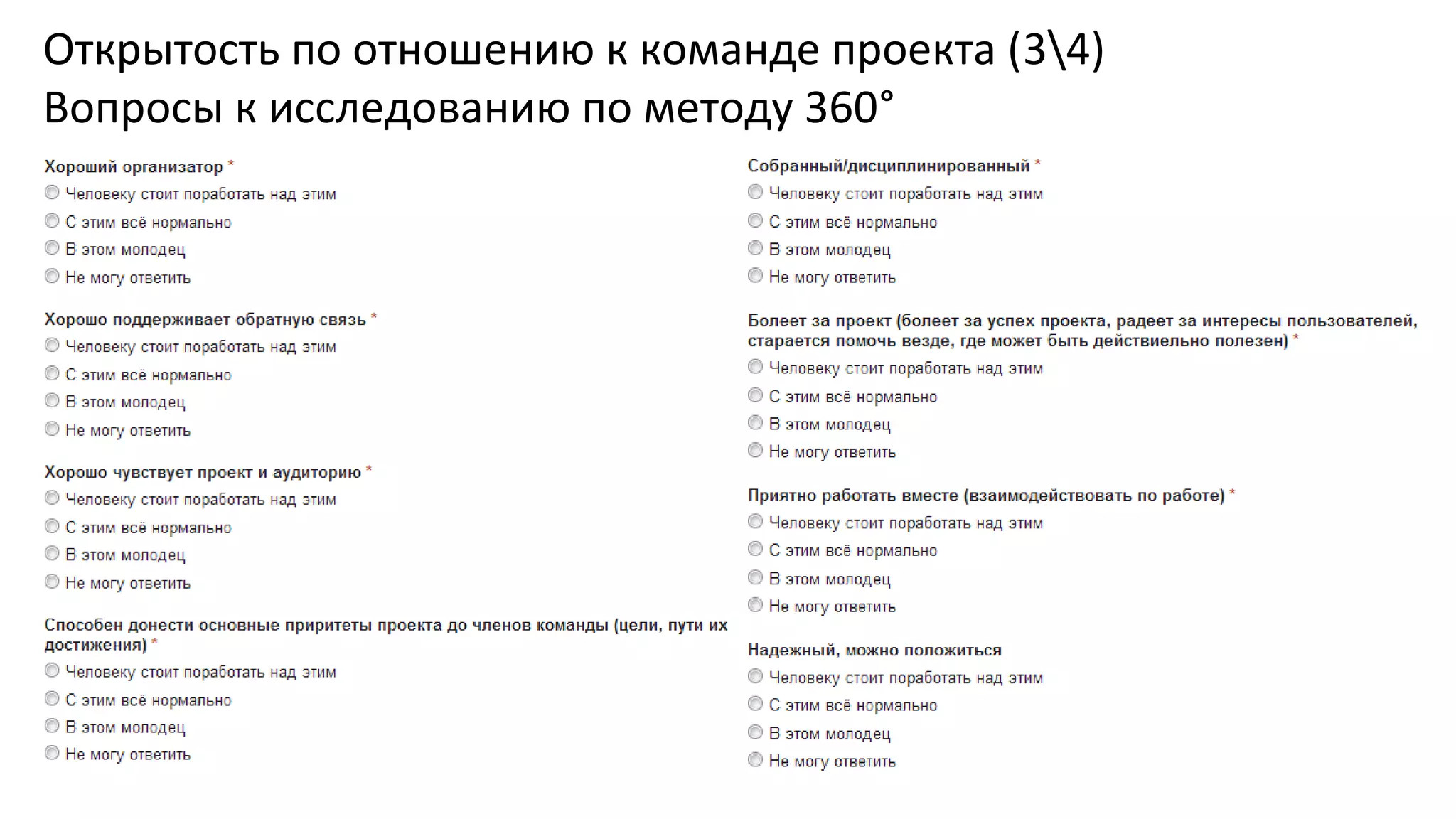 Открытость по отношению к команде проекта (34)
Вопросы к исследованию по методу 360°

 