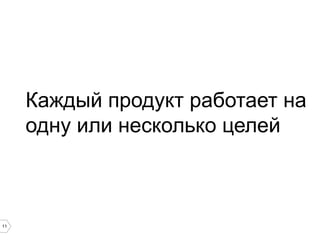 Каждый продукт работает на
одну или несколько целей

11

 