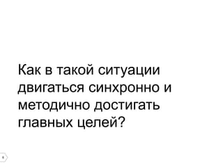 Как в такой ситуации
двигаться синхронно и
методично достигать
главных целей?
6

 