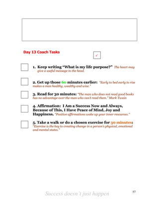 Success doesn’t just happen 57
Day 13 Coach Tasks
11.. KKeeeepp wwrriittiinngg ““WWhhaatt iiss mmyy lliiffee ppuurrppoossee??”” TThhee hheeaarrtt mmaayy
ggiivvee aa uusseeffuull mmeessssaaggee ttoo tthhee hheeaadd..
22.. GGeett uupp tthhoossee 6600 mmiinnuutteess eeaarrlliieerr:: ““EEaarrllyy ttoo bbeedd eeaarrllyy ttoo rriissee
mmaakkeess aa mmaann hheeaalltthhyy,, wweeaalltthhyy aanndd wwiissee..””
33.. RReeaadd ffoorr 3300 mmiinnuutteess:: ““TThhee mmaann wwhhoo ddooeess nnoott rreeaadd ggoooodd bbooookkss
hhaass nnoo aaddvvaannttaaggee oovveerr tthhee mmaann wwhhoo ccaann’’tt rreeaadd tthheemm..”” MMaarrkk TTwwaaiinn
44.. AAffffiirrmmaattiioonn:: II AAmm aa SSuucccceessss NNooww aanndd AAllwwaayyss,,
BBeeccaauussee ooff TThhiiss,, II HHaavvee PPeeaaccee ooff MMiinndd,, JJooyy aanndd
HHaappppiinneessss.. ““PPoossiittiivvee aaffffiirrmmaattiioonnss wwaakkee uupp yyoouurr iinnnneerr rreessoouurrcceess..””
55.. TTaakkee aa wwaallkk oorr ddoo aa cchhoosseenn eexxeerrcciissee ffoorr 3300 mmiinnuutteess::
““EExxeerrcciissee iiss tthhee kkeeyy ttoo ccrreeaattiinngg cchhaannggee iinn aa ppeerrssoonn’’ss pphhyyssiiccaall,, eemmoottiioonnaall
aanndd mmeennttaall ssttaatteess..””
 