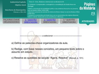 ATIVIDADES
1.ª QUESTÃO
ORIENTADORA
2.ª QUESTÃO
ORIENTADORA
3.ª QUESTÃO
ORIENTADORA
PALAVRAS-CHAVE
ORGANIZADORAS
---------------------------------- a selecionar --------------------------------------------
a) Define as palavras-chave organizadoras da aula.
b) Redige, com base nesses conceitos, um pequeno texto sobre o
assunto em estudo.
c) Resolve as questões da secção “Agora, Resolve” (Manual, p. 101).
Objetivo Geral:
Descritores de Desempenho:
(Manual, p. 100 e 101)
Subdomínio/Capítulo:
- Referir a manutenção da instabilidade política e dos problemas financeiros nos primeiros
anos da Ditadura Militar (1926-1928).
- Descrever o processo de ascensão de António de Oliveira Salazar no seio da Ditadura Militar
(1928-1933).
- Comparar as características do Estado Novo com as características dos regimes ditatoriais
italiano e alemão, destacando as suas semelhanças e diferenças.
Tema J1 - Crise, ditaduras e democracia na década de 30.
2. Conhecer e compreender a emergência e consolidação do Estado Novo em
Portugal.
 