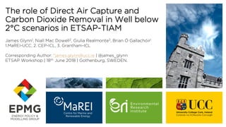 The role of Direct Air Capture and
Carbon Dioxide Removal in Well below
2°C scenarios in ETSAP-TIAM
James Glynn1, Niall Mac Dowell2, Giulia Realmonte3, Brian Ó Gallachóir1
1.MaREI-UCC, 2. CEP-ICL, 3. Grantham-ICL
Corresponding Author: *james.glynn@ucc.ie | @james_glynn
ETSAP Workshop | 18th June 2018 | Gothenburg, SWEDEN.
 