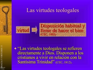 Las virtudes teologales “ Las virtudes teologales se refieren directamente a Dios. Disponen a los cristianos a vivir en relación con la Santísima Trinidad”  (CEC, 1812) . virtud Disposición habitual y firme de hacer el bien   (CEC, 1803) 