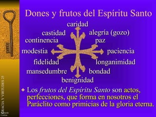 Dones y frutos del Espíritu Santo Los  frutos del Espíritu Santo  son  actos, perfecciones, que forma en nosotros el Paráclito como primicias de la gloria eterna. caridad alegría (gozo) paz paciencia longanimidad bondad benignidad mansedumbre fidelidad modestia continencia castidad 