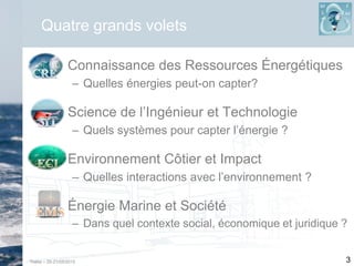 Thétis – 20-21/05/2015 3
Quatre grands volets
 Connaissance des Ressources Énergétiques
– Quelles énergies peut-on capter?
 Science de l’Ingénieur et Technologie
– Quels systèmes pour capter l’énergie ?
 Environnement Côtier et Impact
– Quelles interactions avec l’environnement ?
 Énergie Marine et Société
– Dans quel contexte social, économique et juridique ?
 