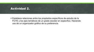 Actividad 2.
 Establece relaciones entre los propósitos específicos de estudio de la
FCYE y los ejes temáticos de un grado escolar en específico. Haciendo
uso de un organizador gráfico de su preferencia.
 