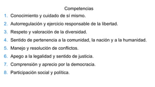 Competencias
1. Conocimiento y cuidado de sí mismo.
2. Autorregulación y ejercicio responsable de la libertad.
3. Respeto y valoración de la diversidad.
4. Sentido de pertenencia a la comunidad, la nación y a la humanidad.
5. Manejo y resolución de conflictos.
6. Apego a la legalidad y sentido de justicia.
7. Comprensión y aprecio por la democracia.
8. Participación social y política.
 