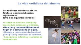 La vida cotidiana del alumno
Las relaciones entre la escuela, las
familias y la comunidad pueden
organizarse en
torno a los siguientes elementos:
• Cuidado de sí mismo, identidad y
expectativas personales y familiares.
• Derechos y responsabilidades en el
hogar, en la comunidad y en el país.
• Respeto y valoración de la diversidad,
participación y resolución de conflictos.
• Los alumnos, la familia y los medios de
comunicación.
 