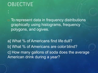OBJECTIVE
:
 To represent data in frequency distributions
graphically using histograms, frequency
polygons, and ogives.
a] What % of Americans find life dull?
b] What % of Americans are color blind?
c] How many gallons of soda does the average
American drink during a year?
 