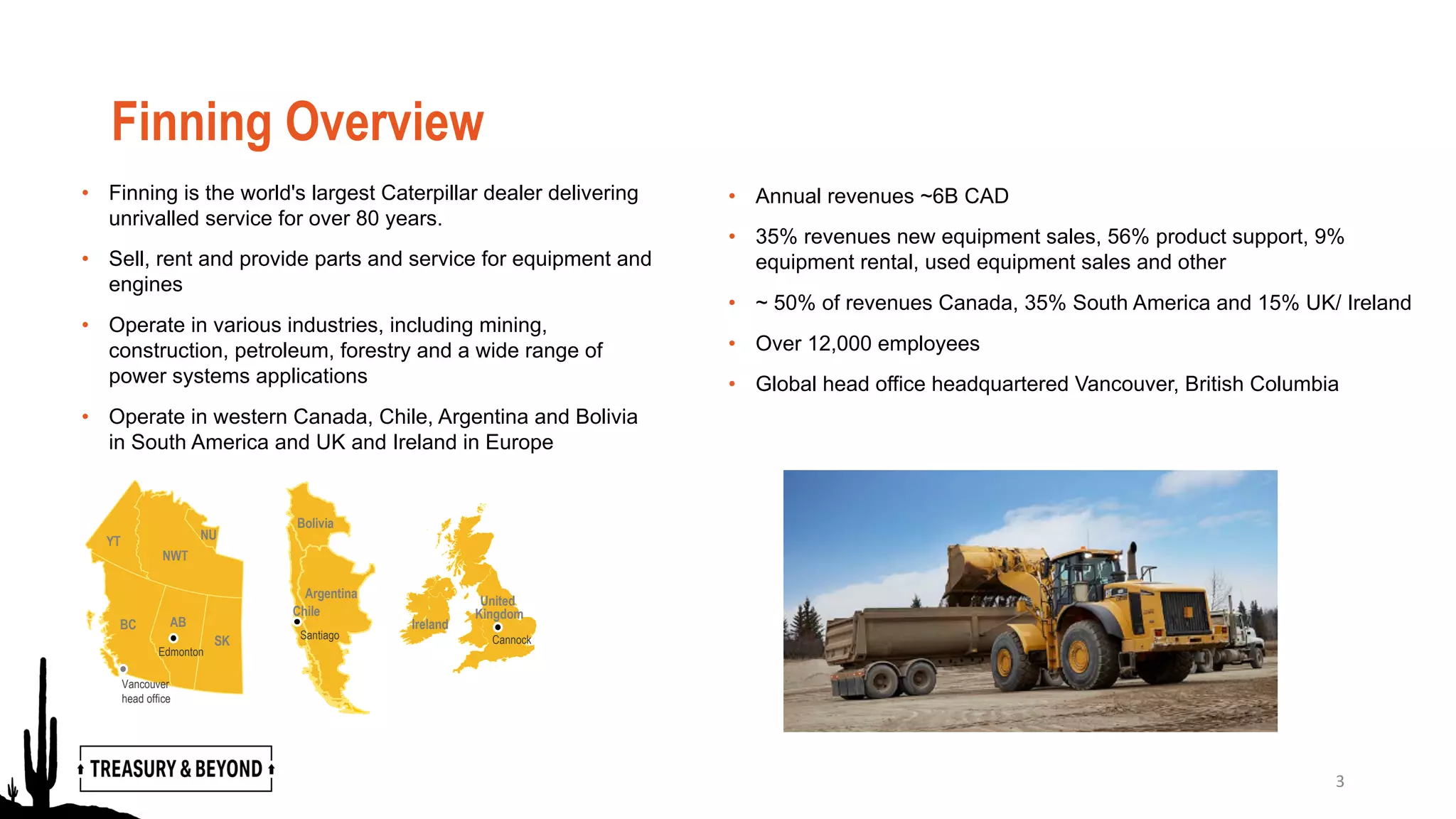 Finning Overview
• Finning is the world's largest Caterpillar dealer delivering
unrivalled service for over 80 years.
• Sell, rent and provide parts and service for equipment and
engines
• Operate in various industries, including mining,
construction, petroleum, forestry and a wide range of
power systems applications
• Operate in western Canada, Chile, Argentina and Bolivia
in South America and UK and Ireland in Europe
3
Santiago
Bolivia
Argentina
Chile
Cannock
United
Kingdom
IrelandBC AB
YT
Edmonton
Vancouver
head office
NWT
SK
NU
• Annual revenues ~6B CAD
• 35% revenues new equipment sales, 56% product support, 9%
equipment rental, used equipment sales and other
• ~ 50% of revenues Canada, 35% South America and 15% UK/ Ireland
• Over 12,000 employees
• Global head office headquartered Vancouver, British Columbia
 
