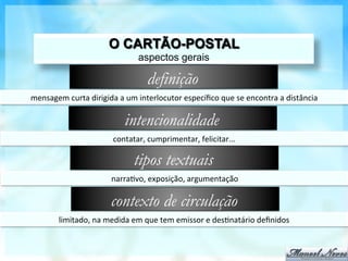 O CARTÃO-POSTAL
                                           aspectos gerais

                                              definição
mensagem	
  curta	
  dirigida	
  a	
  um	
  interlocutor	
  especíﬁco	
  que	
  se	
  encontra	
  a	
  distância	
  

                                     intencionalidade
                                 contatar,	
  cumprimentar,	
  felicitar...	
  

                                         tipos textuais
                                narra8vo,	
  exposição,	
  argumentação	
  

                                contexto de circulação
           limitado,	
  na	
  medida	
  em	
  que	
  tem	
  emissor	
  e	
  des8natário	
  deﬁnidos	
  
 