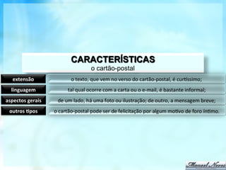 CARACTERÍSTICAS
                            o cartão-postal
    extensão	
  
   linguagem	
  
aspectos	
  gerais	
  
  outros	
  2pos	
  
 