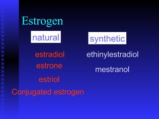 Estrogen natural synthetic estradiol estrone estriol Conjugated estrogen ethinylestradiol mestranol 