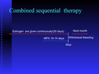 Combined sequential  therapy Estrogen  are given continuously(30 days) MPA 10-14 days Withdrawal bleeding Stop Next month 