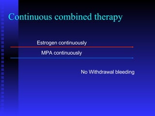 Continuous combined therapy Estrogen continuously MPA continuously No Withdrawal bleeding 