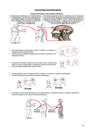PSICOFONIA INCONSCIENTE




   Na mediunidade inconsciente há entre o médium e o espírito, a
    indispensável afinidade fluídica.
   Combinam-se os fluidos perispíriticos de ambos, formando uma
    atmosfera fluídica



   O Espírito do médium exterioriza-se do corpo físico, ficando este,
    mais ou menos à disposição e controle do espírito comunicante.
   Ficando apenas ligado pelo cordão fluídico.



   Inexiste ligação entre o cérebro físico do médium e a mente do espírito manifestante.
   E mesmo entre as suas próprias mentes perispirituais.




                      Errado                                       Errado

   A Atuação é mais direta do espírito comunicante sobre o organismo físico do médium, através do
    Chacra Laríngeo e dos centros nervosos liberados.




                                    Chacra               Centros
                                   Laríngeo             Nervosos


                                                                         CORPO FÍSICO
                                                                           PLEXOS




                                                                                                     180
 