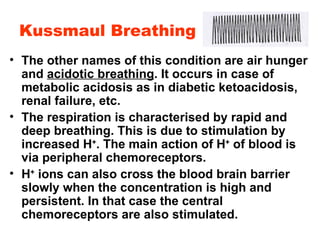Kussmaul Breathing The other names of this condition are air hunger and  acidotic breathing . It occurs in case of metabolic acidosis as in diabetic ketoacidosis, renal failure, etc. The respiration is characterised by rapid and deep breathing. This is due to stimulation by increased H + . The main action of H +  of blood is via peripheral chemoreceptors. H +  ions can also cross the blood brain barrier slowly when the concentration is high and persistent. In that case the central chemoreceptors are also stimulated. 